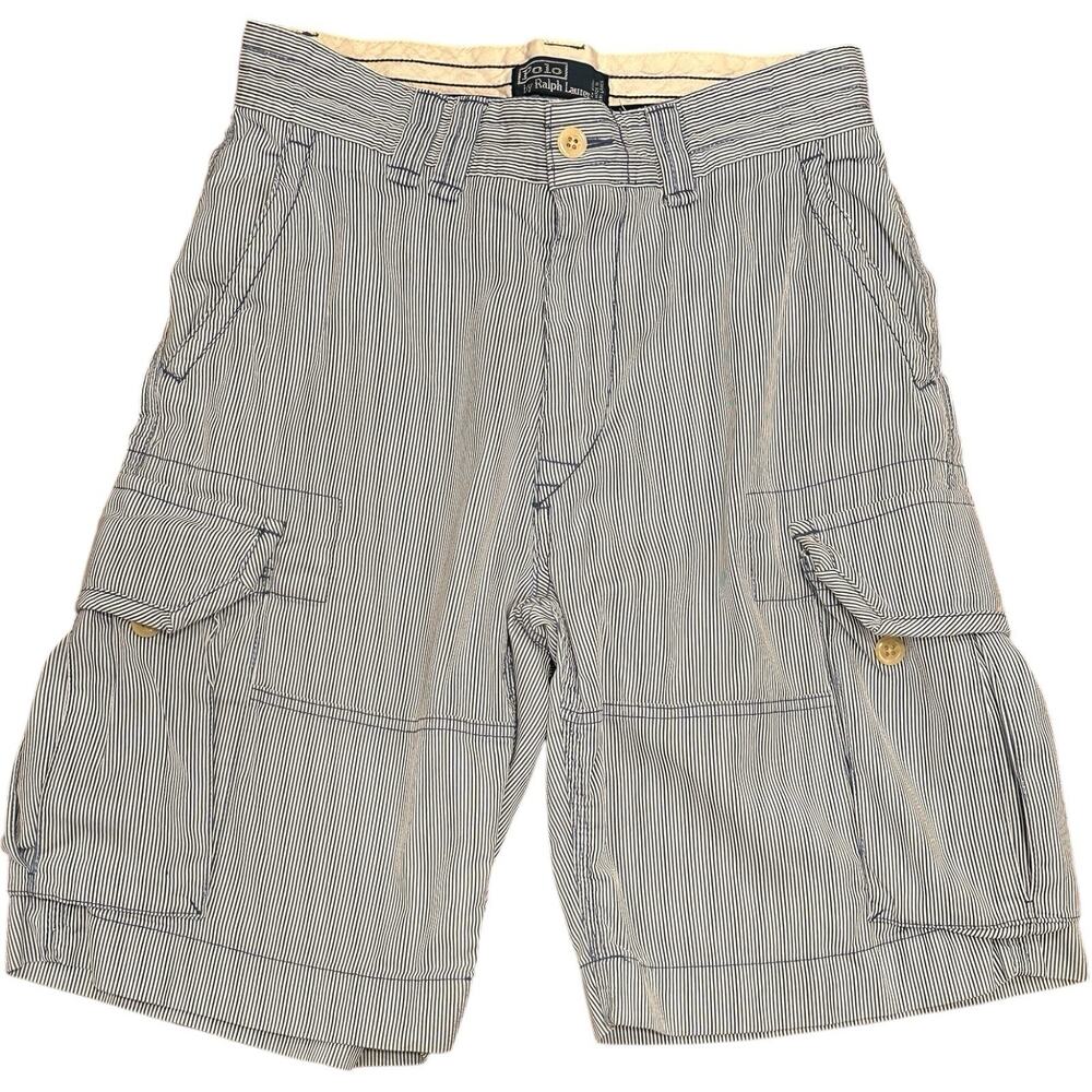 Polo Ralph Lauren Shorts Mens 31 Cargo Baggy Y2K Vintage Long Stripe Blue White